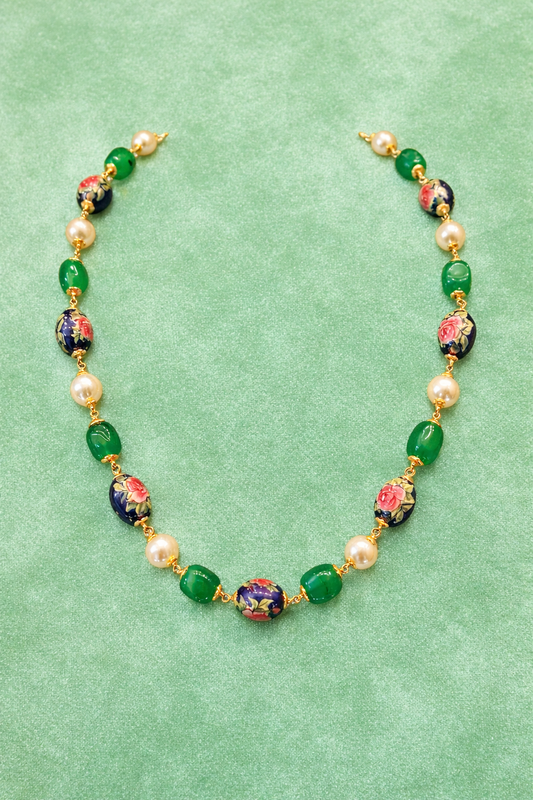 FLORAL DESIGN ENAMELLED GOLD PLATED SILVER BEADS MALA