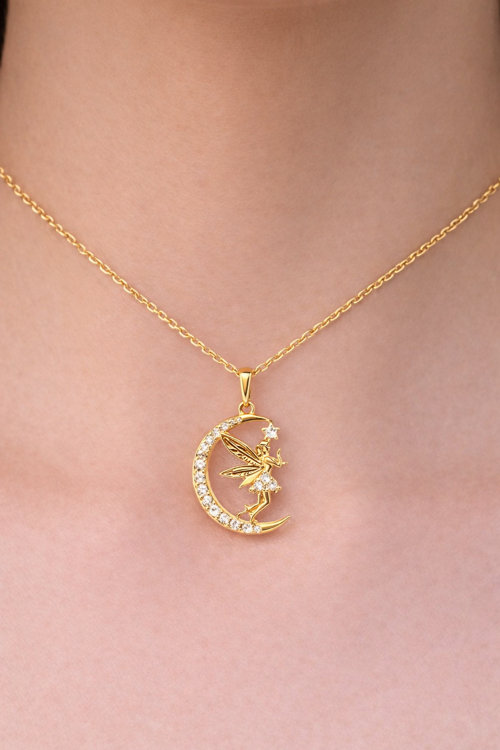 CRESCENT FAIRY GOLD PLATED SILVER NECKLACE