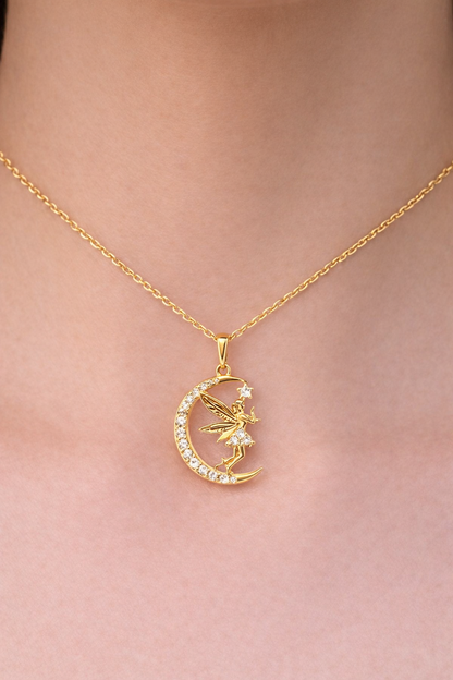 CRESCENT FAIRY GOLD PLATED SILVER NECKLACE