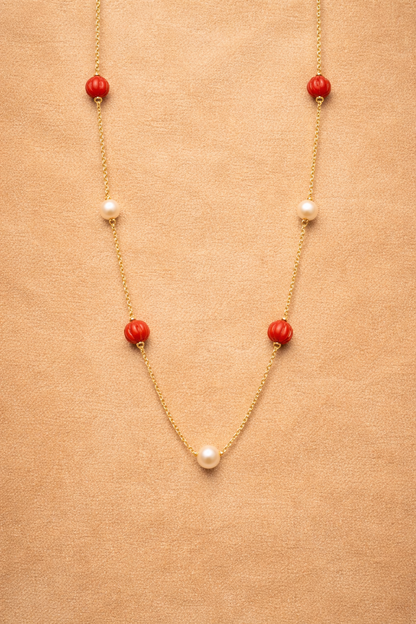 CORAL AND PEARL GOLD PLATED SILVER NECKLACE