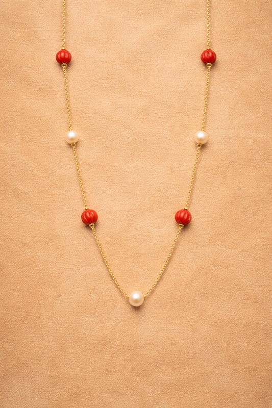CORAL AND PEARL GOLD PLATED SILVER NECKLACE