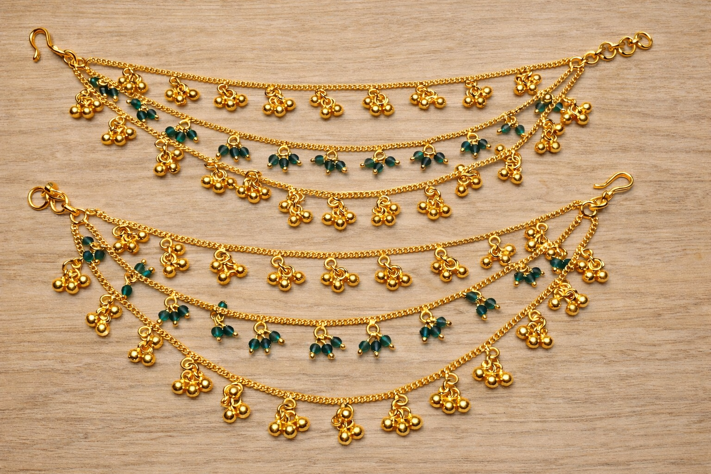 EMERALD BEADS GOLD PLATED SILVER CHAMPASWARALU/ EAR ACCESSORIES/ HAIR MAATAL/ EAR CHAINS