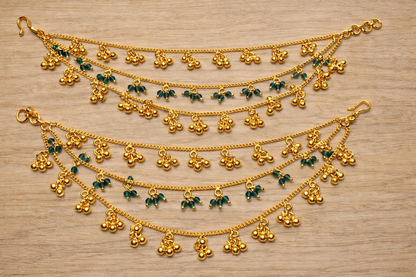 EMERALD BEADS GOLD PLATED SILVER CHAMPASWARALU/ EAR ACCESSORIES/ HAIR MAATAL/ EAR CHAINS