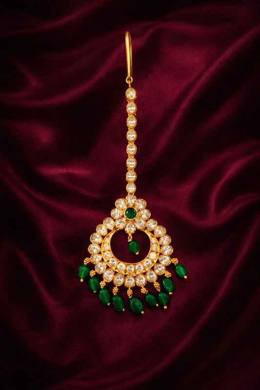 CHAANDBALI DESIGN GOLD PLATED EMERALD, SILVER MAANGTIKA/ PAPIDI CHAIN/ HEAD ORNAMENT