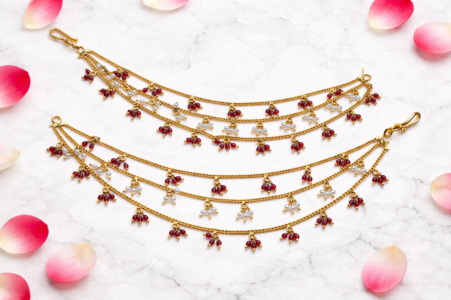 RUBY BEADS GOLD PLATED SILVER CHAMPASWARALU/ EAR ACCESSORIES/ HAIR MAATAL/ EAR CHAINS