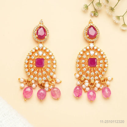 SHANTHI CZ DROP DESIGN EAR HANGINGS WITH PINK RUBIES AND PEARLS