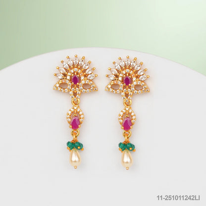 GAYATRI CZ FLORAL DESIGN EAR HANGINGS WITH EMERALDS AND RUBIES