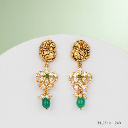 SRESHTA NAKSHI PEACOCK DESIGN EAR HANGINGS WITH EMERALDS AND PEARLS