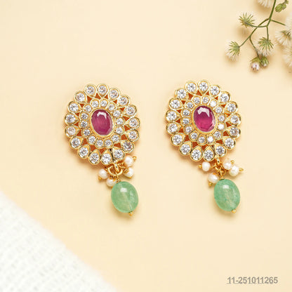 KEERTHANA CZ EAR STUDS WITH RUBIES AND EMERALD BEADS