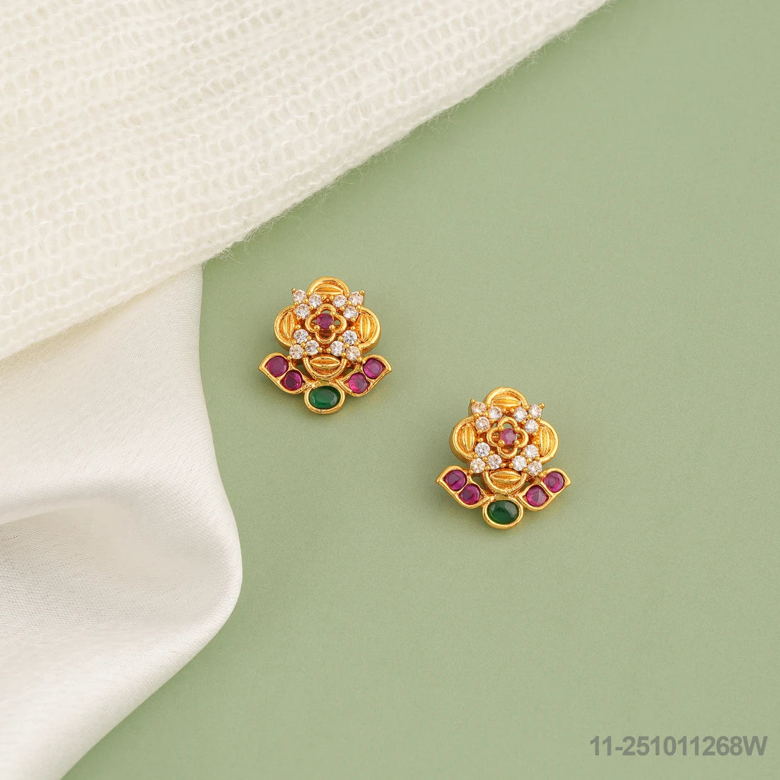HYMA CZ FLORAL DESIGN EAR STUDS WITH RUBIES AND EMERALDS
