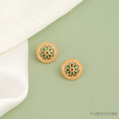VAHINI KUNDAN FLORAL DESIGN EAR STUDS WITH EMERALDS AND RUBIES