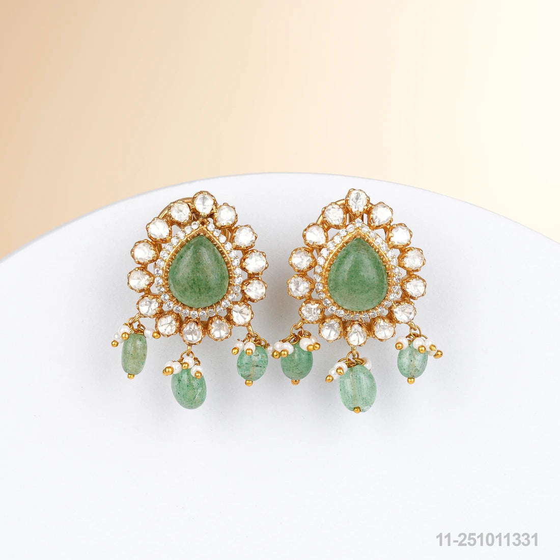 SUMANI MOISSANITE DROP DESIGN EAR STUDS WITH RUSSIAN EMERALDS AND PEARLS