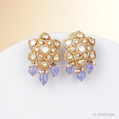 NANVITHA MOISSANITE STAR DESIGN EAR STUDS WITH VIOLET RUSSIAN BEADS AND PEARLS