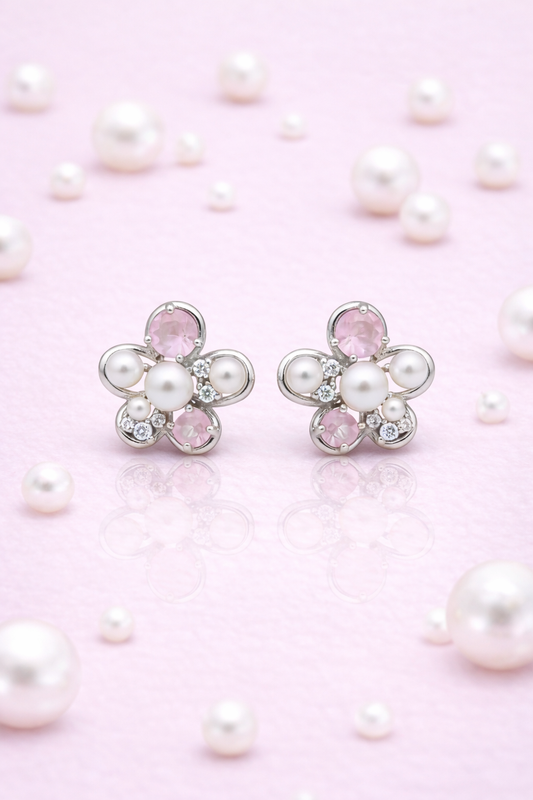 SWEET PEARL FLOWER SHAPED SILVER EARRINGS WITH PINK ACCENTS