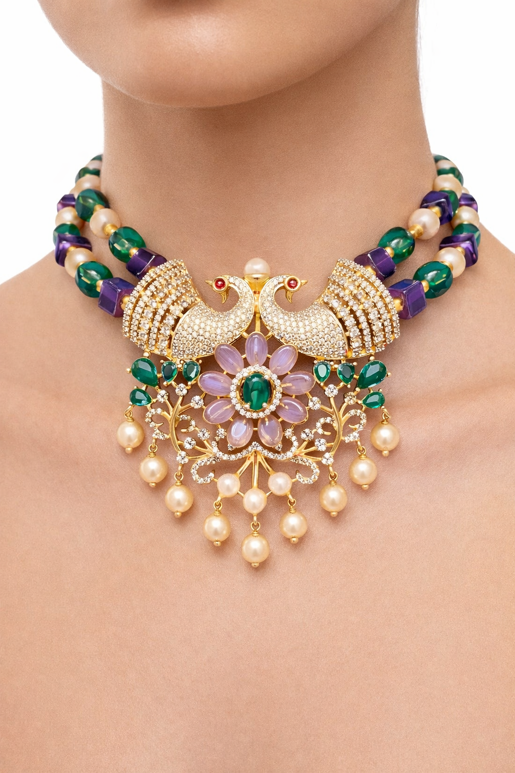 PEACOCK BLISS GOLD PLATED SILVER CHOKER NECKLACE