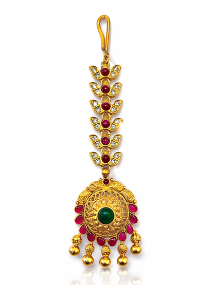 BEAUTIFUL RUBY EMERALD GOLD PLATED SILVER PAPIDI CHAIN/ MAANGTIKA/ HEAD ORNAMENT