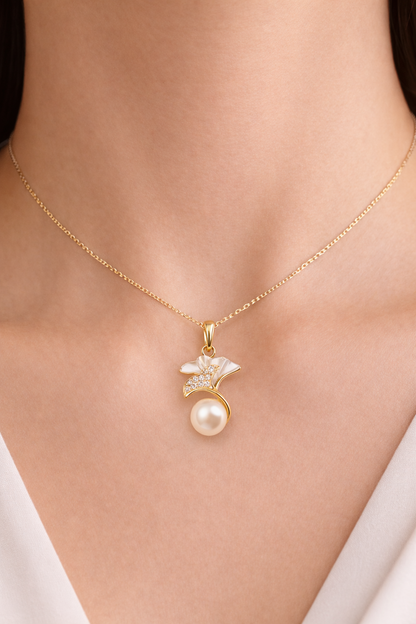 PEARL FLORAL BLUE GOLD PLATED SILVER NECKLACE