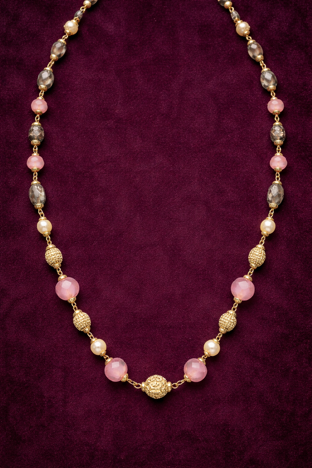 PINK AND GREEN BEADS GOLD PLATED SILVER MALA