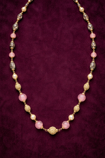 PINK AND GREEN BEADS GOLD PLATED SILVER MALA