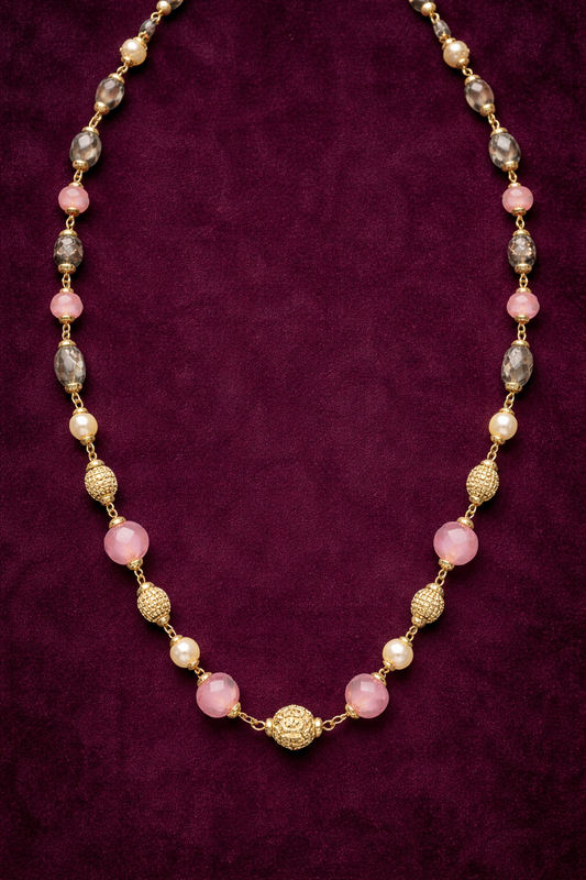 PINK AND GREEN BEADS GOLD PLATED SILVER MALA