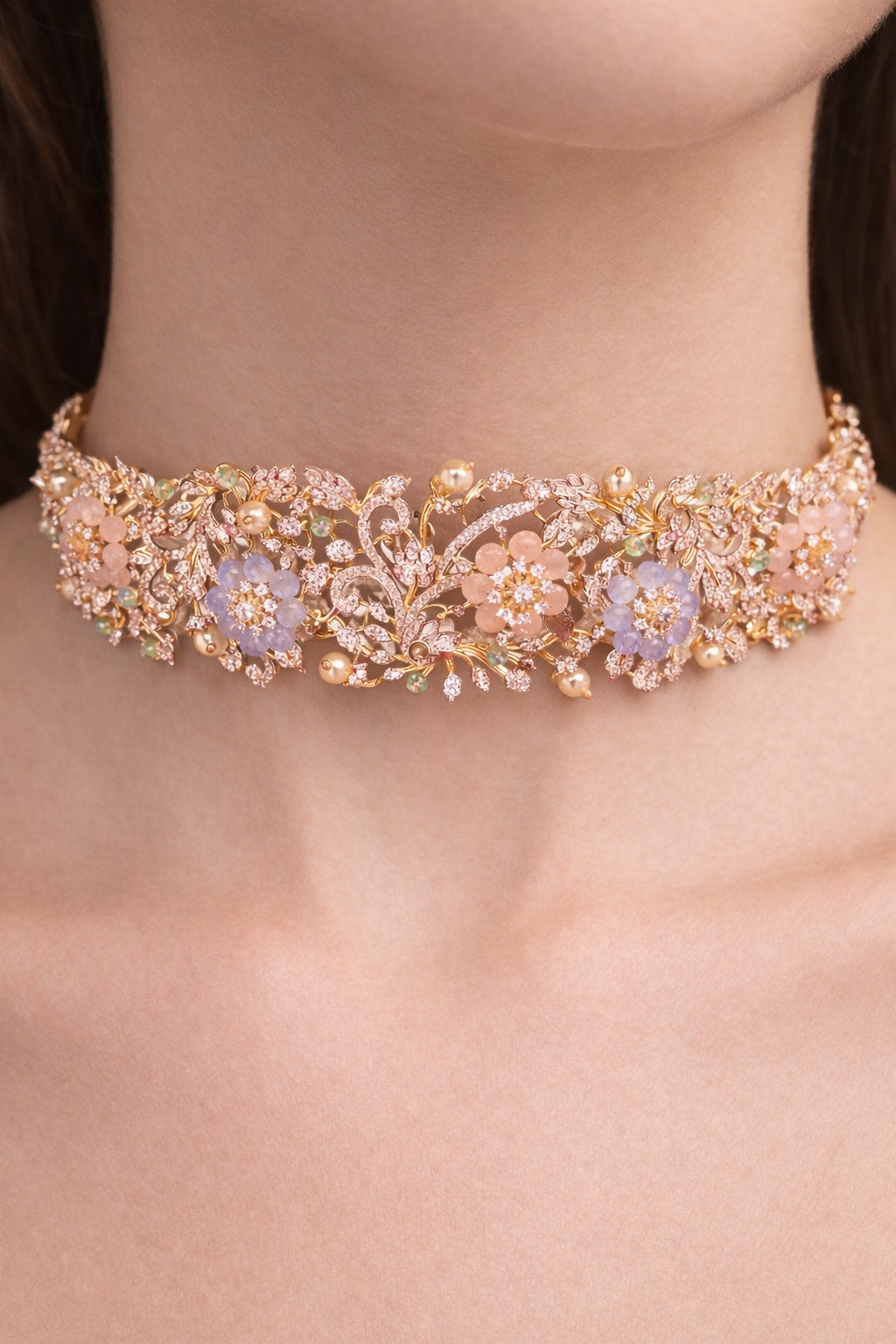 FLORAL BLOSSOM GOLD PLATED SILVER CHOKER NECKLACE