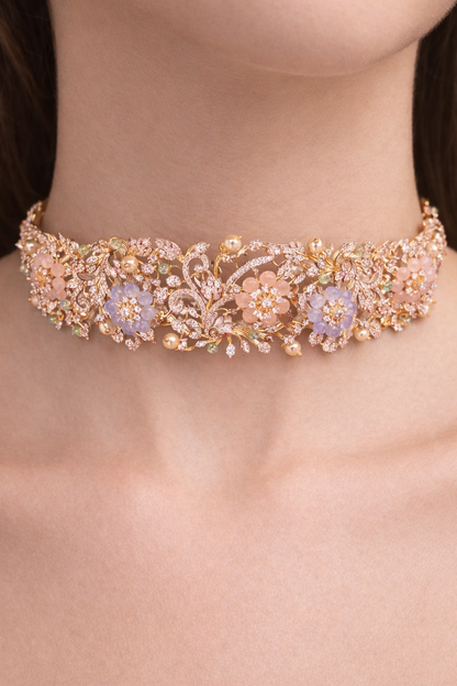 FLORAL BLOSSOM GOLD PLATED SILVER CHOKER NECKLACE