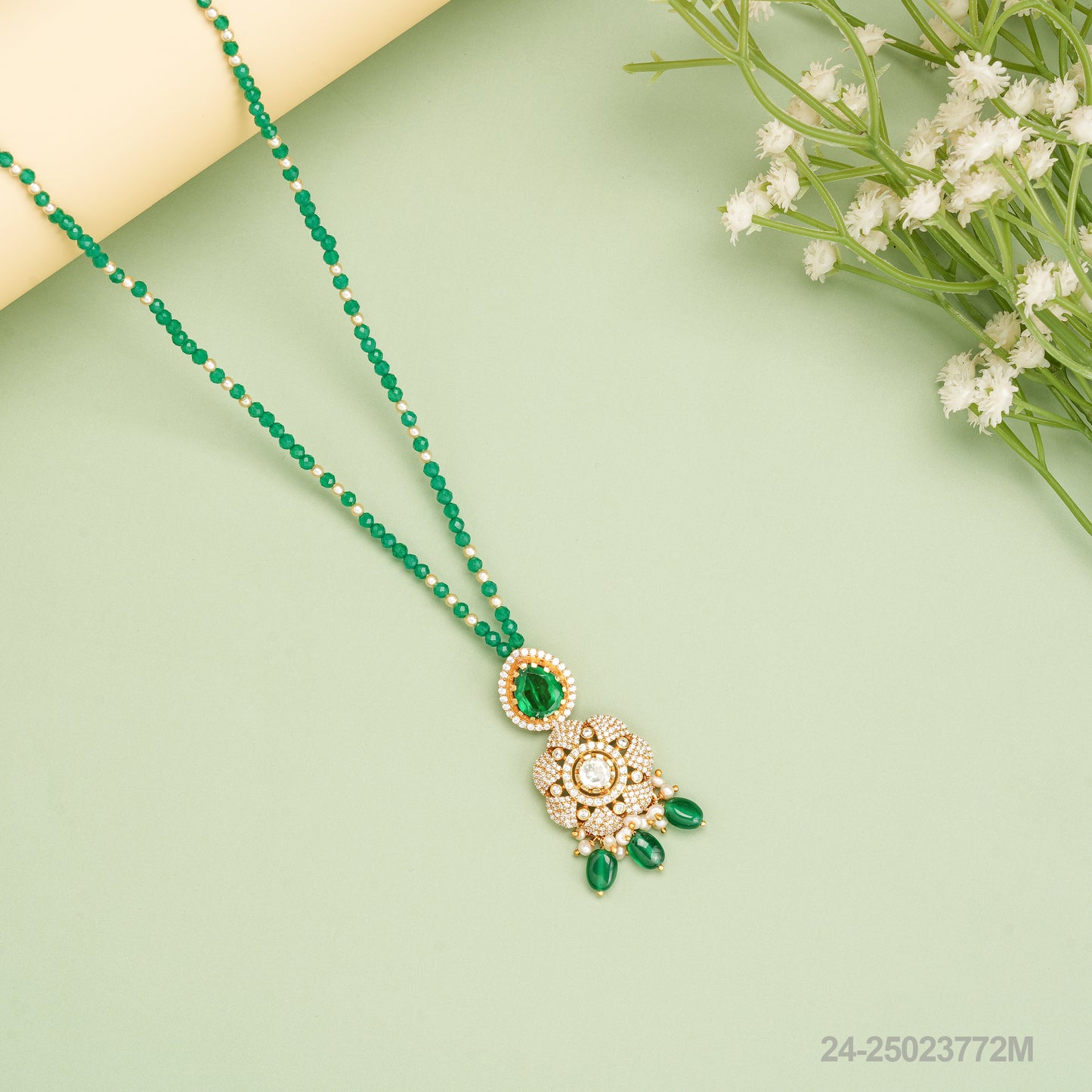 POOJA MOISSANITE FLORAL DESIGN PENDANTWITH EMERALD BEADS NECKLACE CHAIN