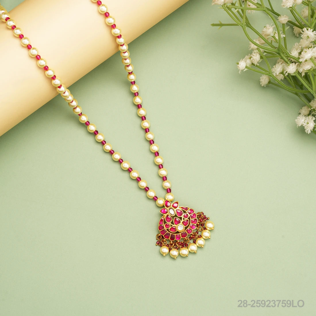 BHARGAVI KUNDAN PENDANT WITH RUBIES AND PEARLS MALA OR CHAIN