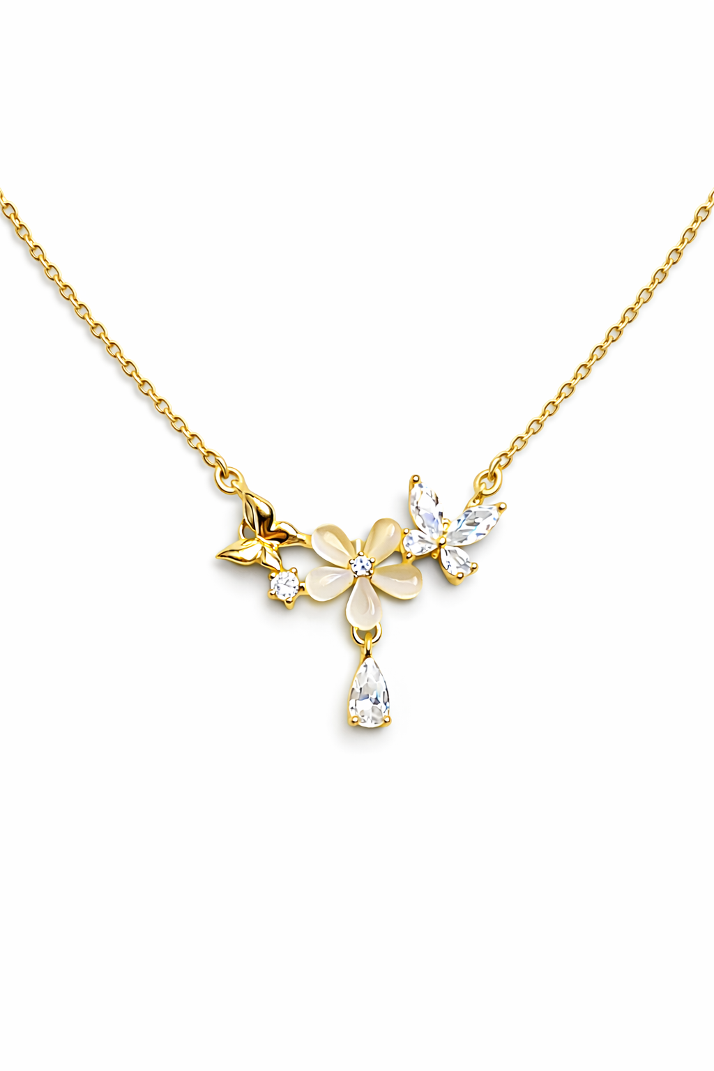 FLOWER BLOOM GOLD PLATED BUTTERFLY SILVER NECKLACE