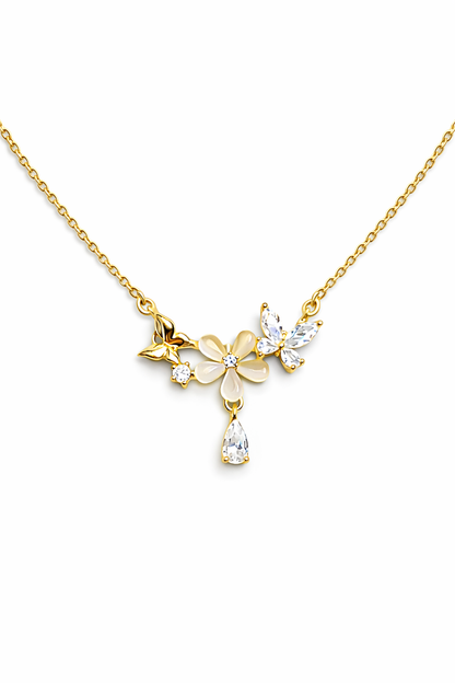FLOWER BLOOM GOLD PLATED BUTTERFLY SILVER NECKLACE