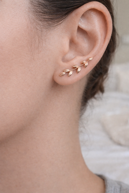 ROSE GOLD LEAF HUGS SILVER EARRINGS