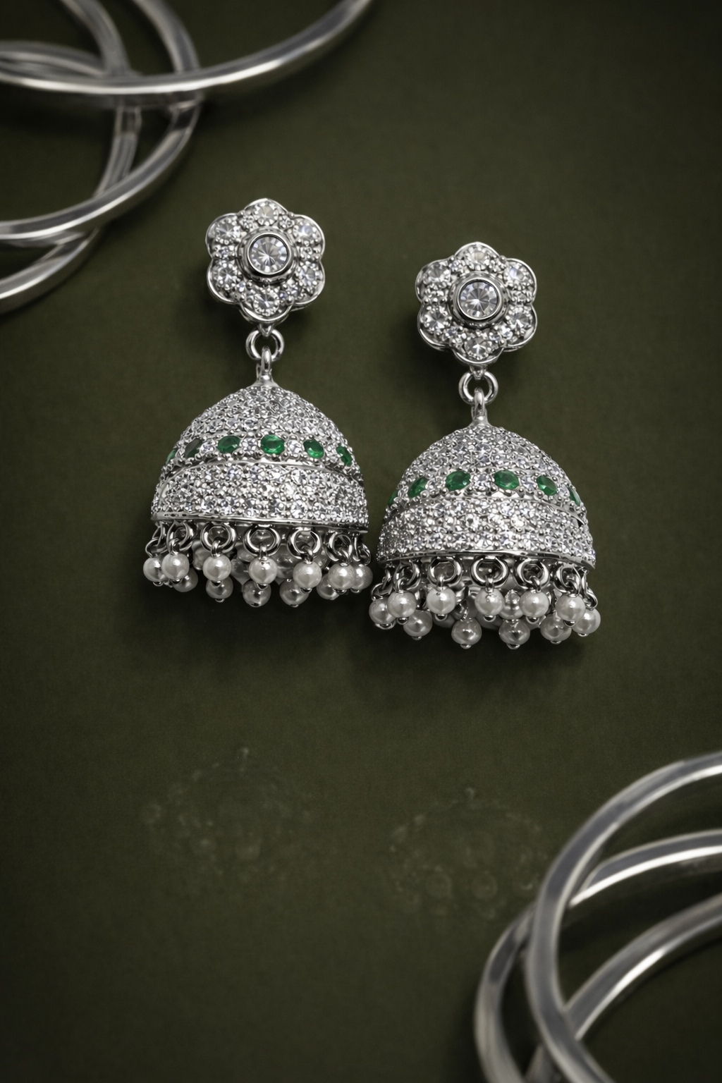MOON BEAM OXIDISED SILVER EARRINGS WITH CZ STONES, PEARLS AND EMERALDS