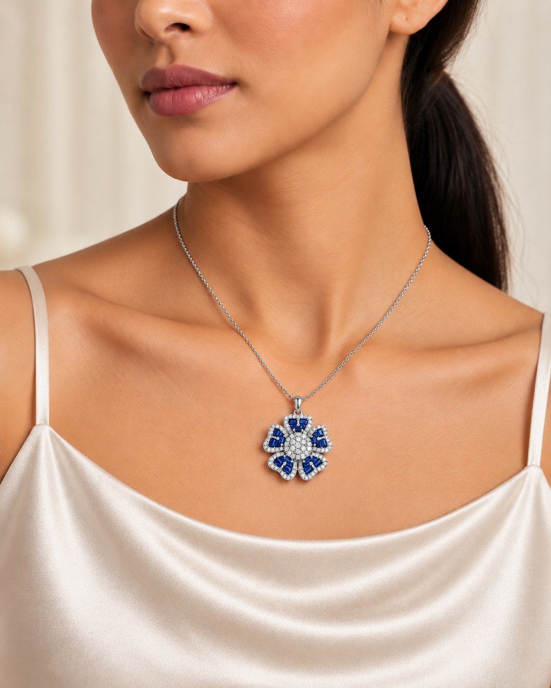 FLORAL MOTIF BLUE SAPPHIRE & CUBIC ZIRCONIA SILVER PENDANT