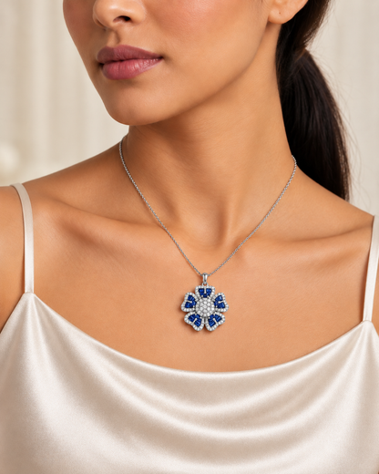 FLORAL MOTIF BLUE SAPPHIRE & CUBIC ZIRCONIA SILVER PENDANT