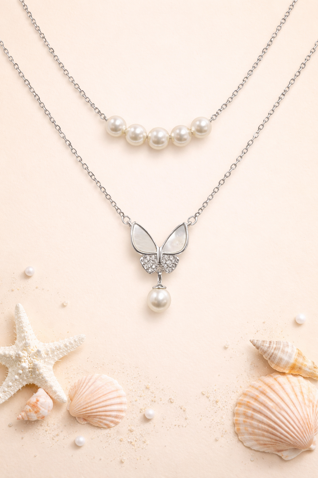 BUTTERFLY PEARLS - SILVER NECKLACE WITH CZ STONES