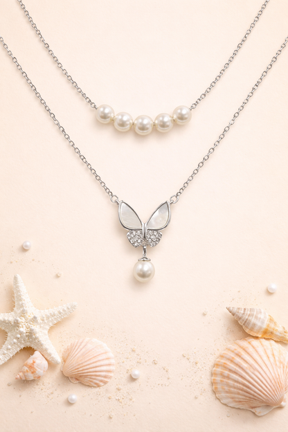 BUTTERFLY PEARLS - SILVER NECKLACE WITH CZ STONES