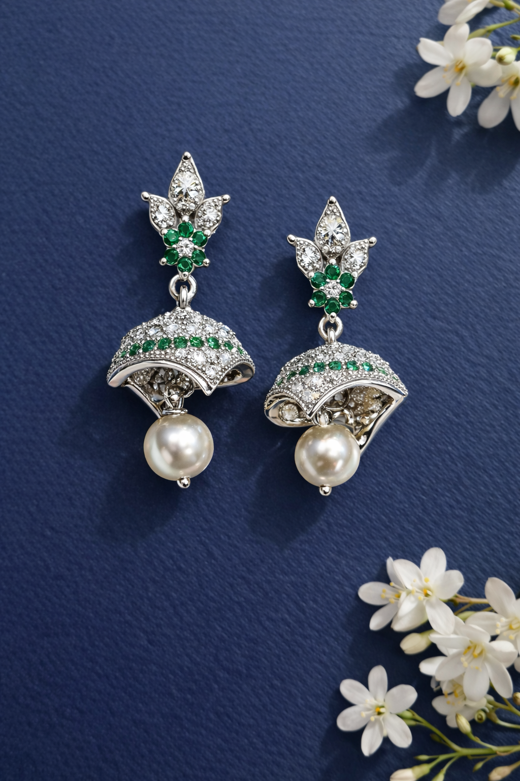 DIVA OXIDISED SILVER EARRINGS WITH CZ STONES, PEARLS AND EMERALDS