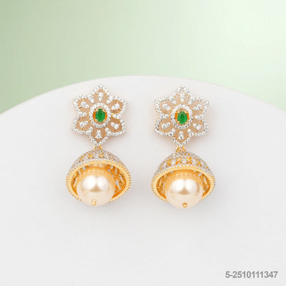 SHIFA CZ FLORAL DESIGN EAR JUMKIS WITH EMERALDS AND PEARLS