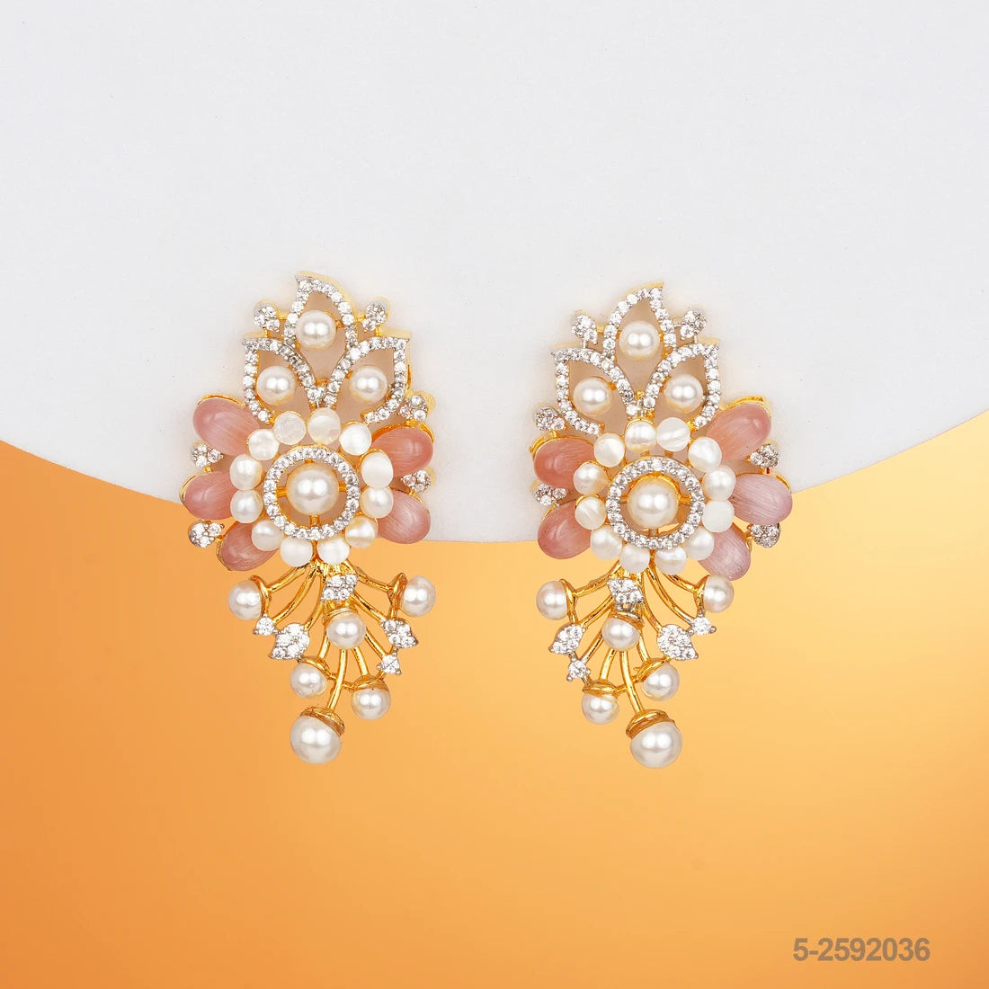 DEEPIKA CZ FLORAL DESIGN EAR STUDS WITH PINK RUSSIAN BEADS AND PEARLS