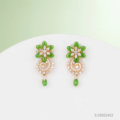 LISA CZ FLORAL DESIGN EAR STUDS WITH GREEN RUSSIAN BEADS