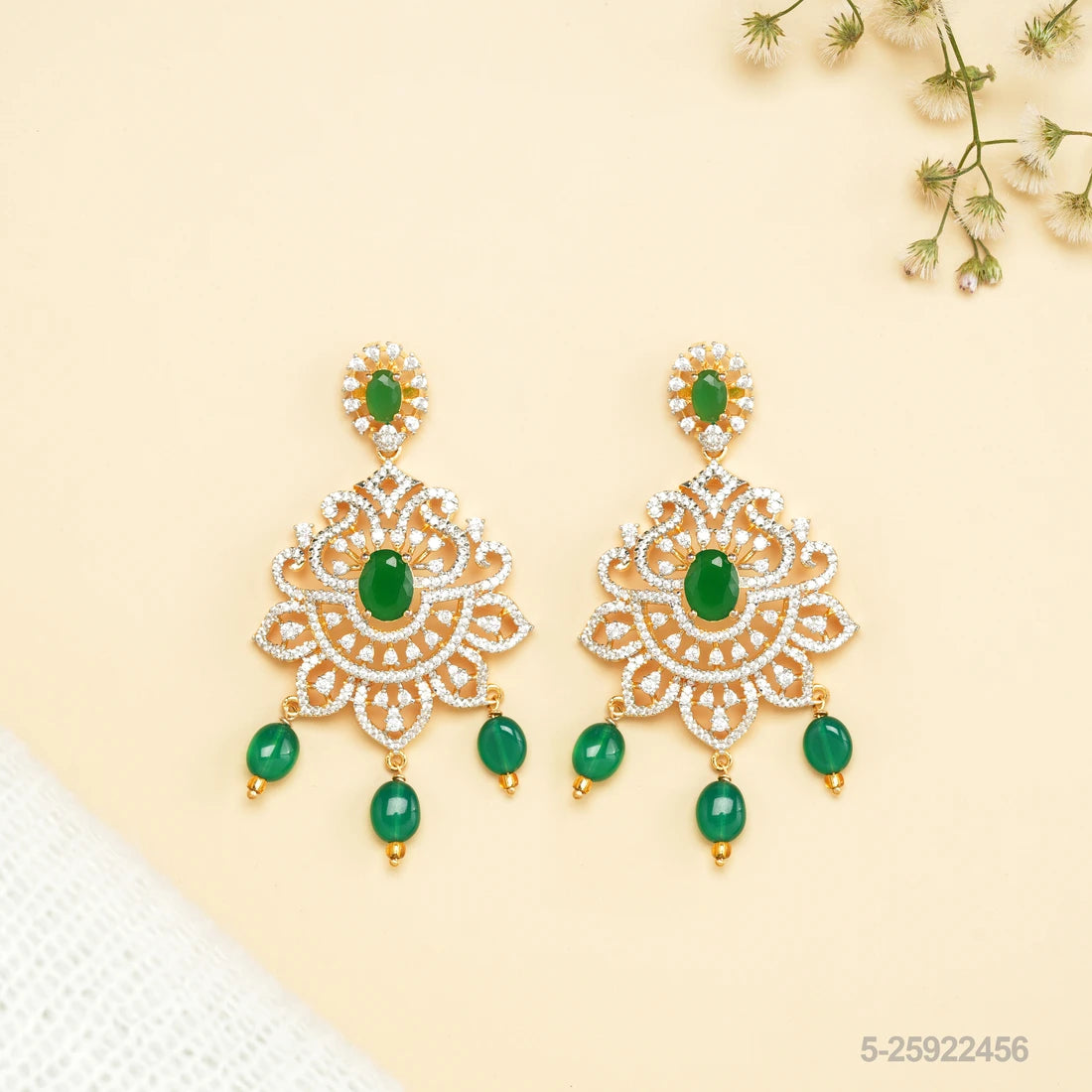 SHARMILA CZ FLORAL DESIGN EAR HANGINGS WITH EMERALDS AND BEADS