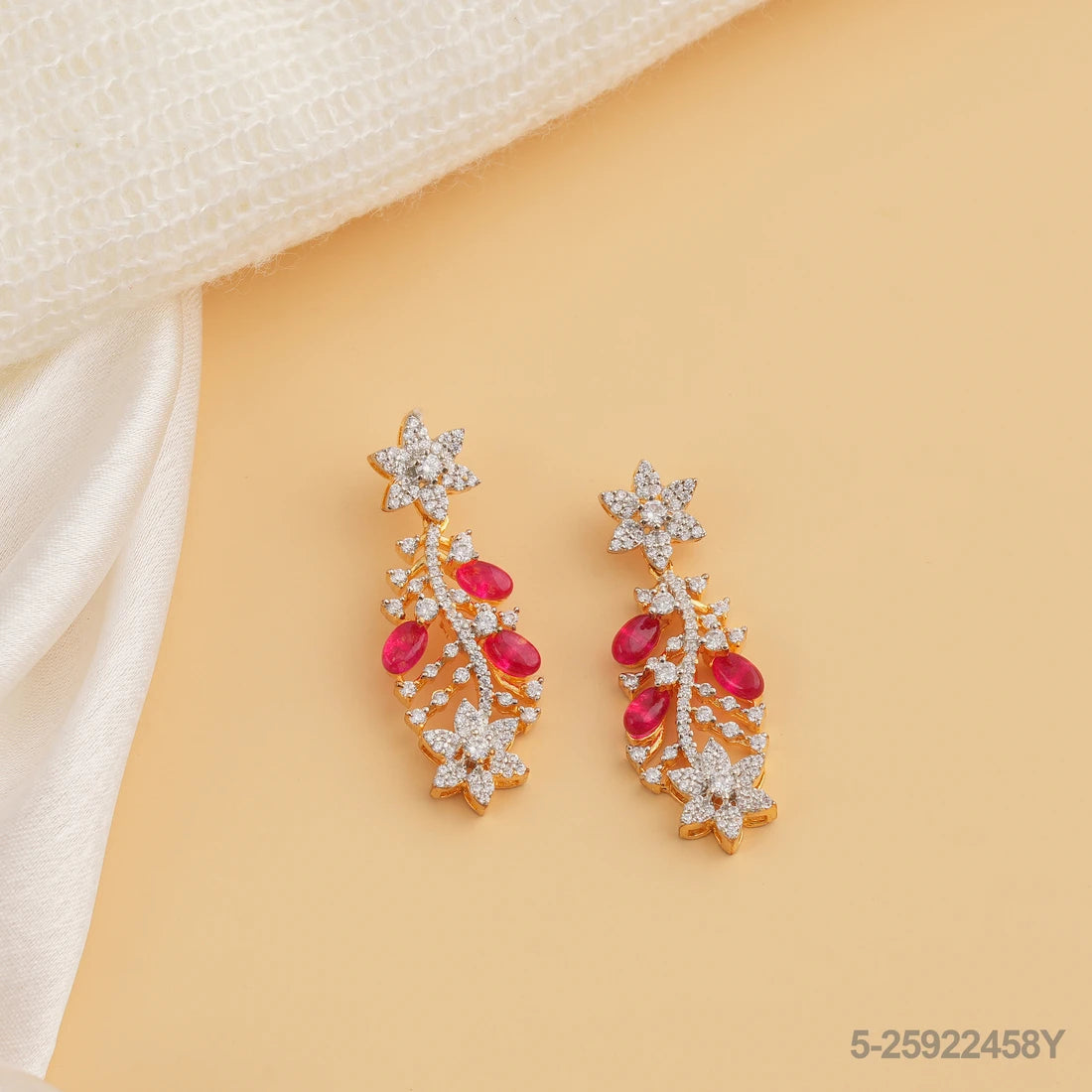 INDU CZ FLORAL DESIGN EAR HANGINGS WITH RUBY RUSSIAN BEADS
