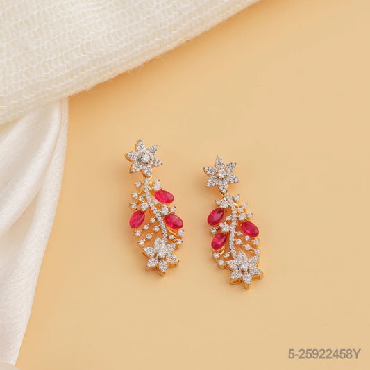 INDU CZ FLORAL DESIGN EAR HANGINGS WITH RUBY RUSSIAN BEADS