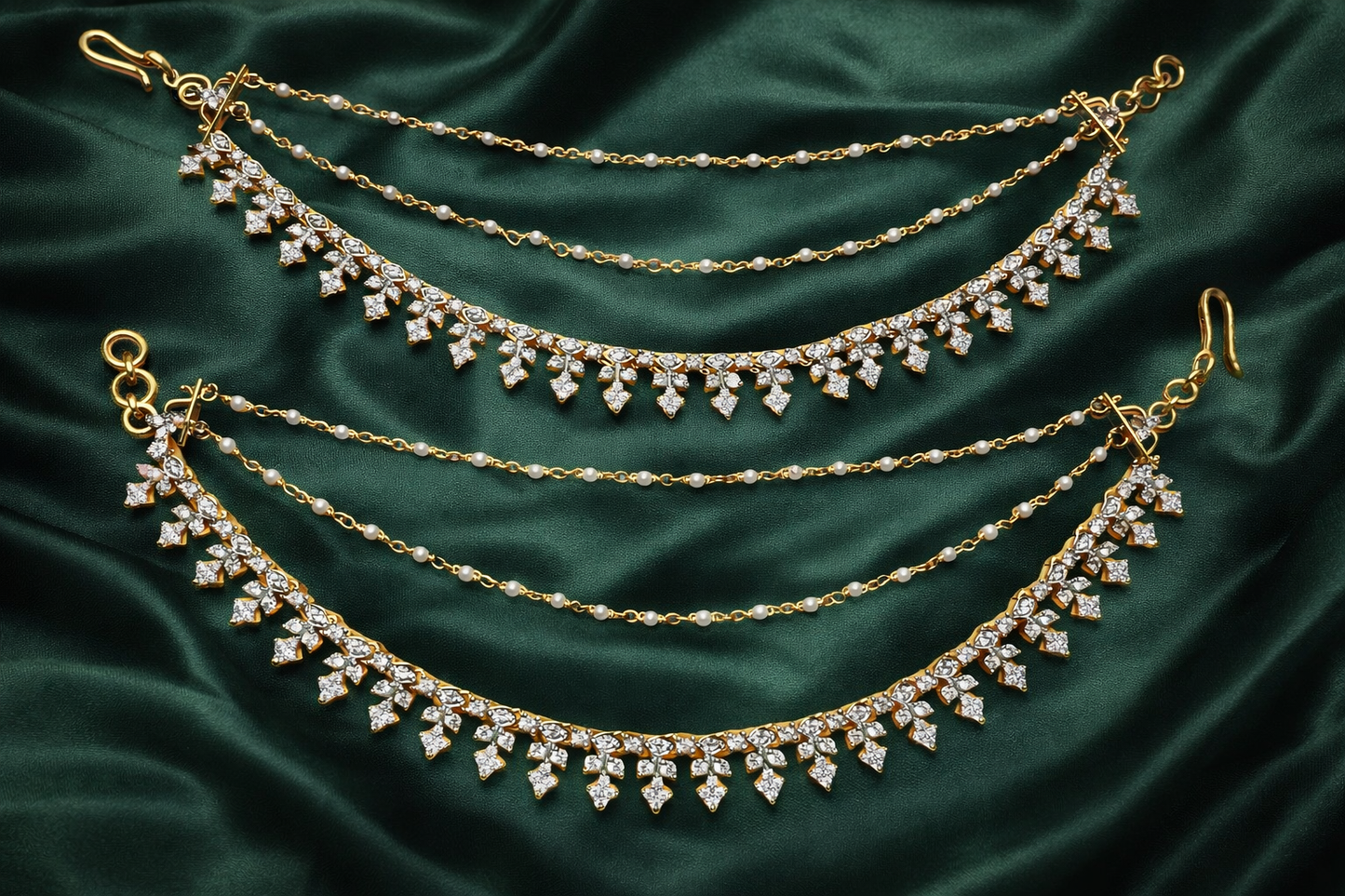 CZ AND BEADS PEARLS GOLD PLATED SILVER CHAMPASWARALU/ EAR ACCESSORIES/ HAIR MAATAL/ EAR CHAINS