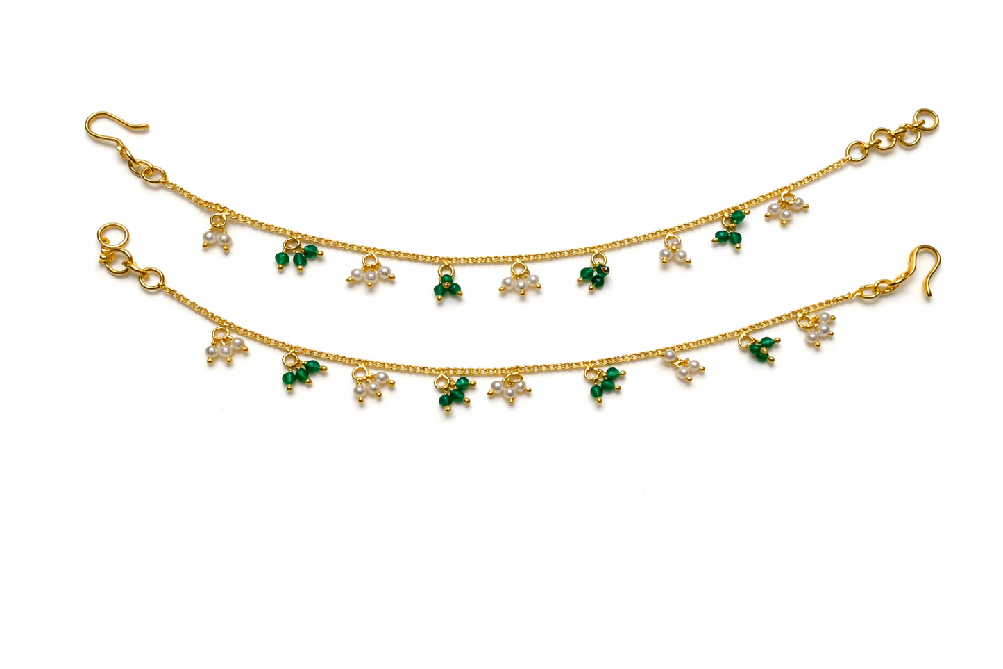 EMERALD BEADS AND PEARLSGOLD PLATED SILVER CHAMPASWARALU/ EAR ACCESSORIES/ HAIR MAATAL/ EAR CHAINS