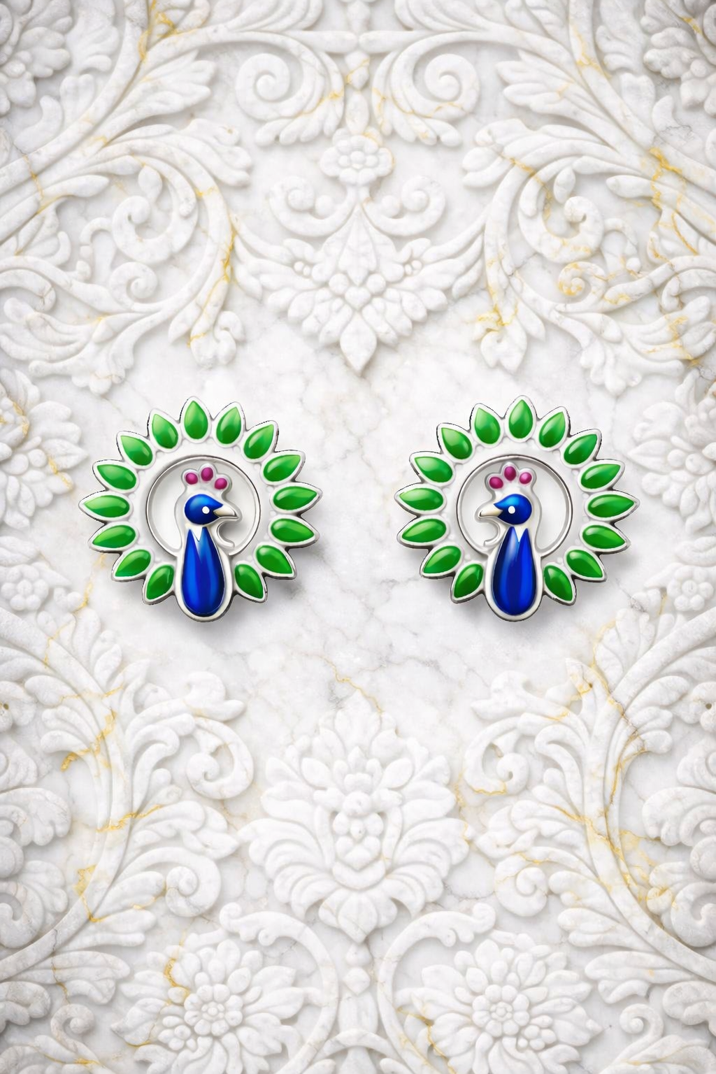DANCING PEACOCKS ENAMELLED SILVER EARRINGS