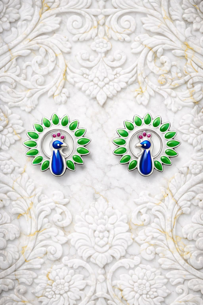 DANCING PEACOCKS ENAMELLED SILVER EARRINGS