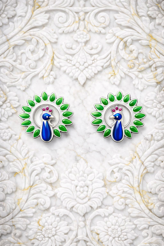 DANCING PEACOCKS ENAMELLED SILVER EARRINGS