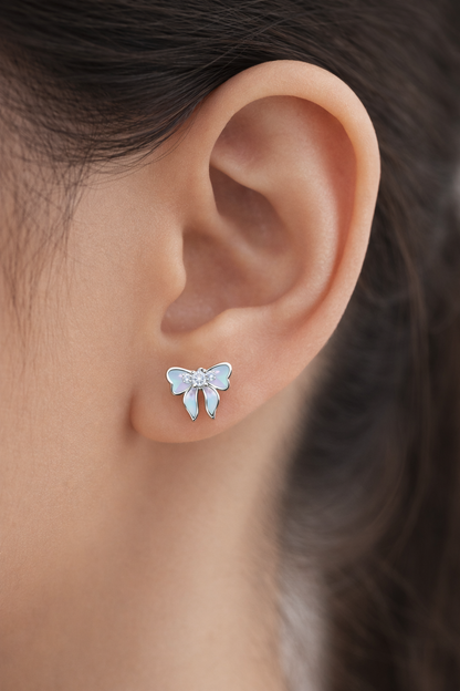 LITTLE BLUE  RIBBON SILVER EARRINGS