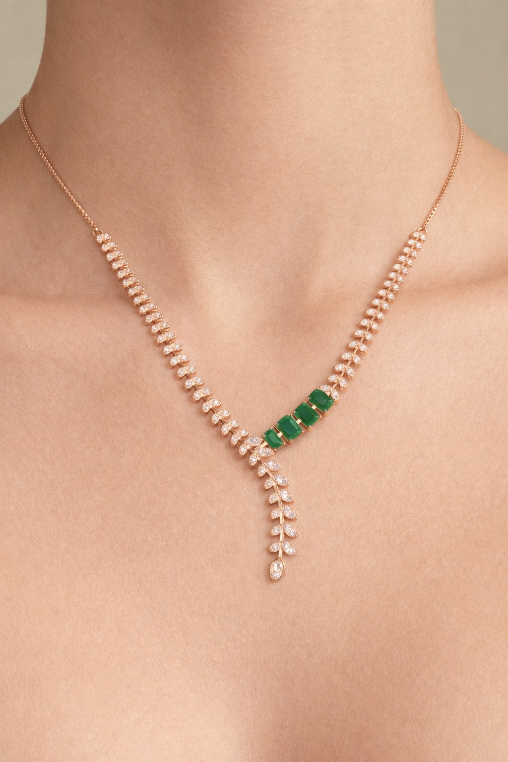 EMERALD BEAUTY ROSE GOLD PLATED SILVER NECKLACE AND EARRINGS SET